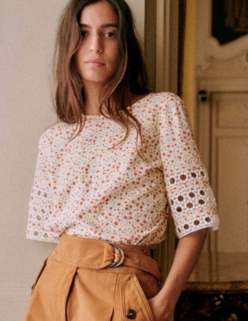 Sézane Hortense Floral Print Crochet Sleeve Top Size XS